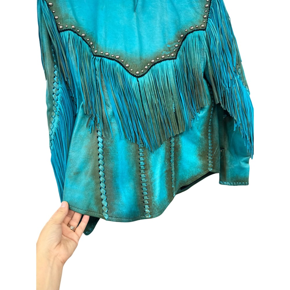 Gamino Turquoise Leather Fringe Western Jacket Studded Boho Whipstitch XL - Picture 9 of 12